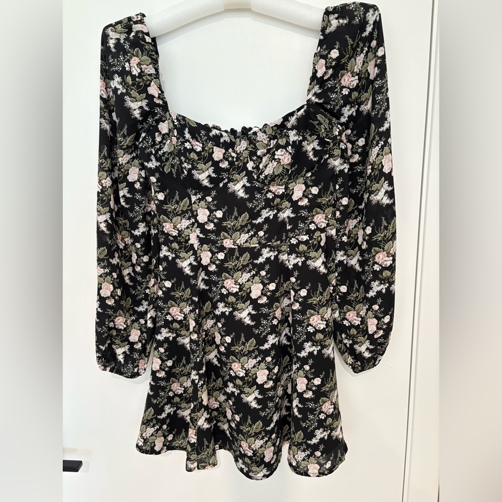 OAK + FORT Black Floral Dress with Pink and White Details